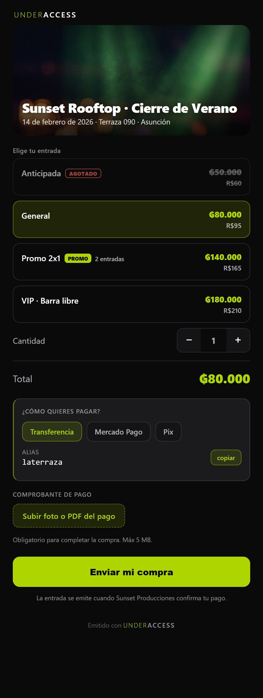 La página de venta que ve tu público: la foto del evento, las entradas con su precio —una agotada y una promo 2x1—, las formas de pago y el botón para reservar